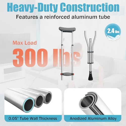 Aluminum Alloy Crutches for Adults, Pair of Height Adjustable Crutch (Fits 4\'7\" - 6\'7\"), Universal & Lightweight Crutches for Kids, Includes Padded Underarm Cushions, Rubber Tips, 300 lbs Capacity