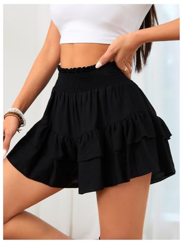 Women's High Waisted Layered Ruffle Skirts Summer Shirred Flowy Mini Skirt3