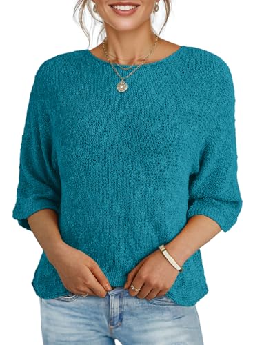 Image of Dokotoo Womens 2026 Spring Summer Casual Crewneck 3 /4 Sleeve Striped Lightweight Knit Trendy Boho Tops Pullover Sweaters