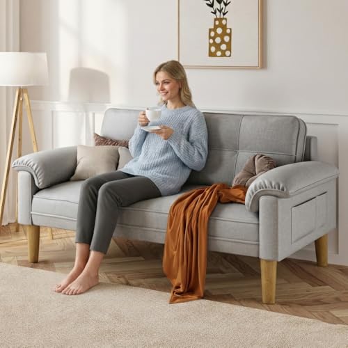 Xbro Sofa 2 Sitzer, 144 x 77 x 77 cm Kleine Couch 2 Sitzer mit Armlehne und Seitentasche, Modernes Stoffsofa für Wohnzimmer, Wohnung, Büro, Einfache Montage, Hellgrau