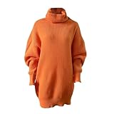 Damen-Pullover, Rollkragenpullover, langärmelig, Strickpullover mit großen Taschen, lange Oberteile, übergroße Tunika-Kleidung für Herbst und Winter, Orange, 3XL