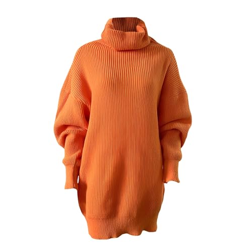 Damen-Pullover, Rollkragenpullover, langärmelig, Strickpullover mit großen Taschen, lange Oberteile, übergroße Tunika-Kleidung für Herbst und...