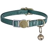 Zelphvt Leather Cat Collar with Bell Green Retro Collar for Cats Adjustable Kitten Collars for Most Cats and Kittens(7.5
