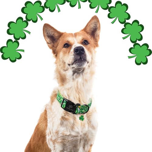 Image of St. Patrick's Day Dog Collar, Cotton St. Patricks Day Clover Collar for Puppy Girl Boy Dog or Cat, Lucky Shamrock Dog Collar with Metal Buckle, Green, Spring, XS, Neck 8-12in