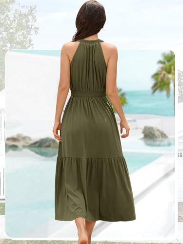 Image of ZAFUL Women's 2025 Summer Casual Midi Dress Sleeveless Adjustable V Neck Elastic Empire Waist Smocked Ruffle Tiered Dresses