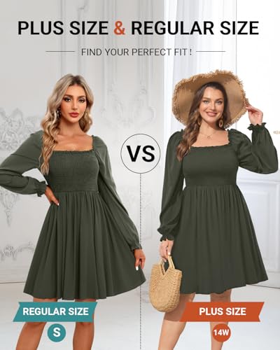 Image of Holipick Women's Casual Square Neck Smocked Dress Shirred Ruffle Puff Sleeve High Waist Cute Flowy A-Line Short Dress