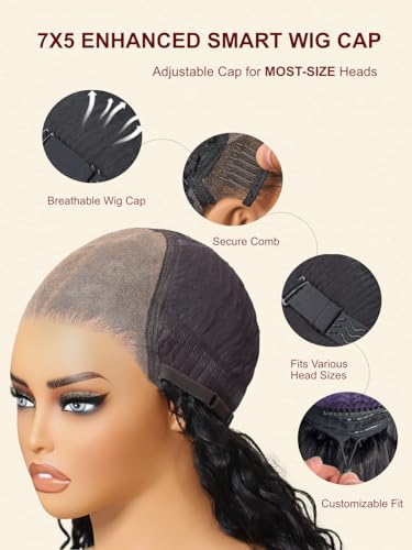 Image of Sunber Layered Bob Drawstring Wig Human Hair with Side Swept Bangs Pre Cut 7x5 HD Lace Front Bye Bye Knots Glueless Wigs Put and Go Human Hair Pre Plucked Bleached Invisible Knots Read to Wear 10Inch