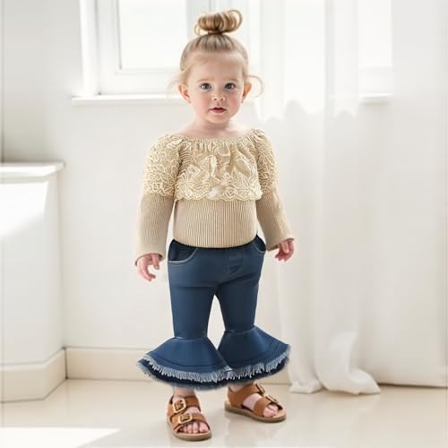 Seyurigaoka Baby Girl Clothes Lace Off Shoulder Romper Flare Denim Jeans Pants Headband Set 3pcs Fall Winter Outfits2