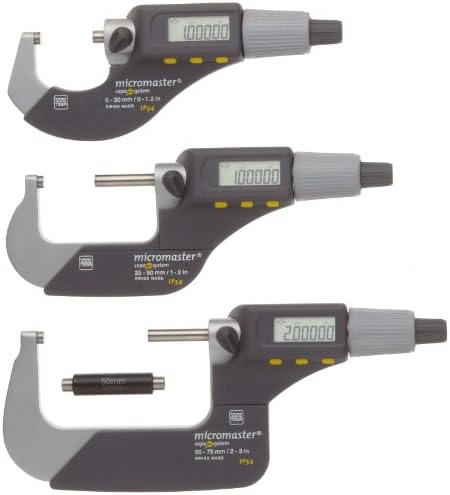 Brown & Sharpe TESA 06030029 LCD Micromaster Electronic Outside Micrometer Set, 0-75mm Range, 0.001mm Graduation (4 Piece Set)