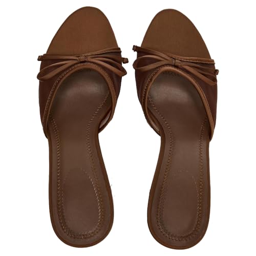 YIYA Women's Leopard Print Mules Heels with Bow Open Round Toe Stiletto High Heels Party Dress Slip On Backless Sandals4