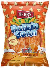 Herr's Cheesy Hulless Puff'n Corn, 4.5 Ounce (Pack of 12 Bags) – Light, Cheesy Puffed Corn with No Hulls – Great for Mess-Free Snacking