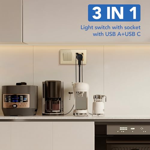 BSEED Lichtschalter mit Steckdose 2 Fach 1 Weg,Wandschalter mit 16A Schuko Steckdose mit USB Anschluss (Max. 2.1A) Typ C Port Gold,Physische Unterputz Wandschalter mit Steckdose- 157mm