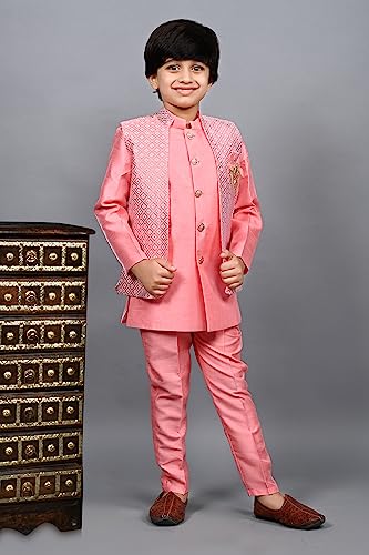 Image of AHHAAAA Kids Ethnic Silk Blend Waistcoat Kurta Pyjama 3 Piece Sherwani Set For Boys |540|