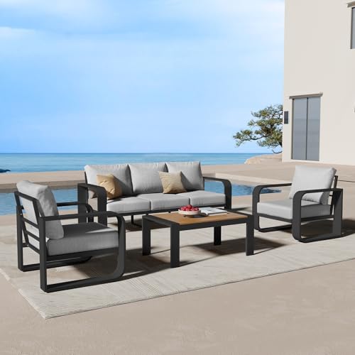 Oasbira Oversized Aluminum Outdoor Furniture Set, Extra Large Patio Furniture Sofa Set 4.8” Widened Armrest & Ultra-Thick Cushions, 4 Pcs Modern Patio Sectional for Backyard, Porch, Gray