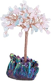 mookaitedecor Peridot Healing Crystal Stone Tree of Life with Angel Aura Cluster Base for Office Table Home Decor Luck Wealth, Height 4.5-5.7 inch