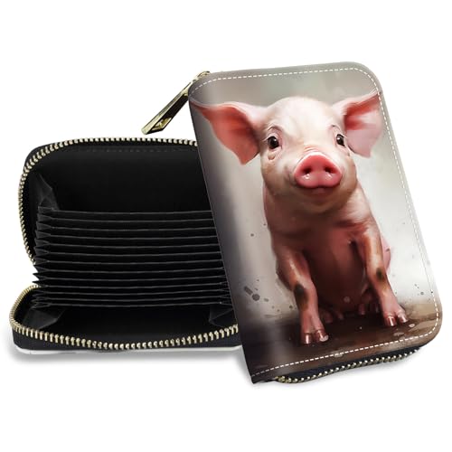 DHYYDSQZ Credit Card Holder with Zipper, Slim RFID Blocking Card Wallet for Women Men Cute Pig Design PU Leather Small Accordion Card Case Wallet, ID Card Organizer, Pocket Business Card Case