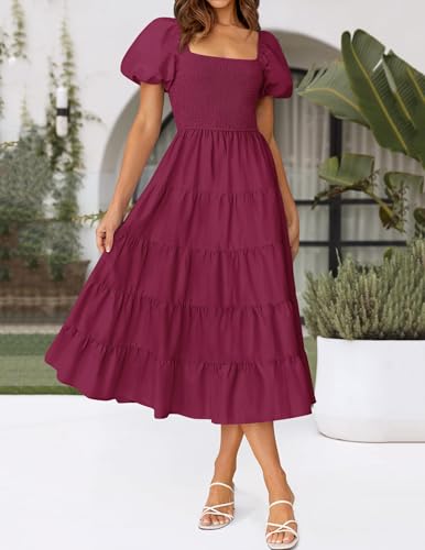 Image of ZESICA Women's 2026 Summer Puff Sleeve Midi Dress 2026 Boho Solid High Waist Flowy Beach Wedding Guest Long Dresses