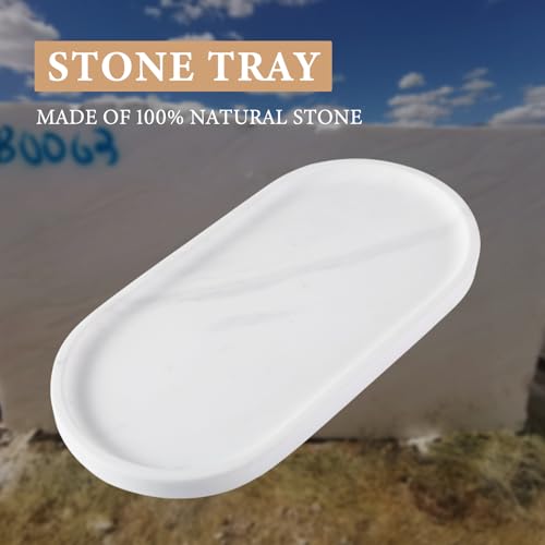 Image of Koville White Marble Oval Tray for Bathroom Countertop, 10 inch x 5 inch Natural Marble Vanity Trays, Stone Perfume Organizer Tray for Decor, Jewelry Dish Perfume Trays for Dresser