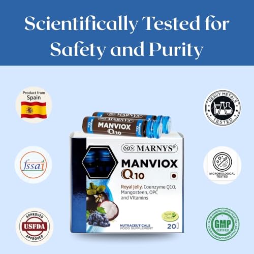 Image of Marnys Manviox Q10 | Premium Antioxidant, anti-ageing and fertility support supplement for both men & women with Co-enzyme Q10, Royal Jelly,vitamins, folic acid & Biotin| 10 drinkable vials