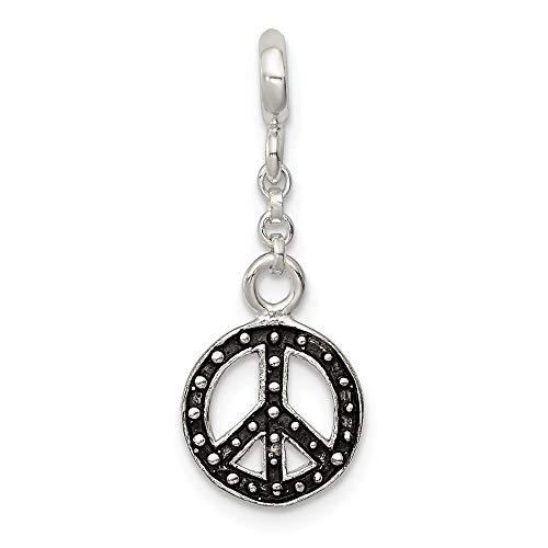 Solid 925 Sterling Silver Enameled Peace Symbol 1 / 2in Dangle Enhancer - 26mm x 10mm