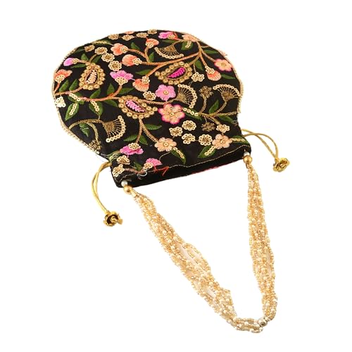 Image of Handcrafted Potli Purse with Golden Floral Embroidery and Pearl Accents