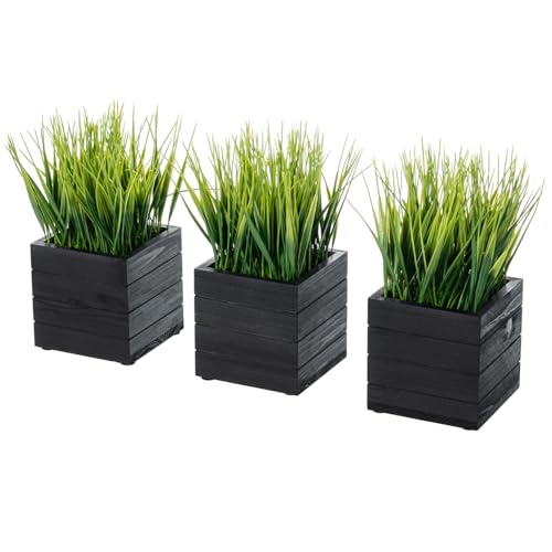 MyGift Artificial Green Grass Plants in Vintage Black Wood 4