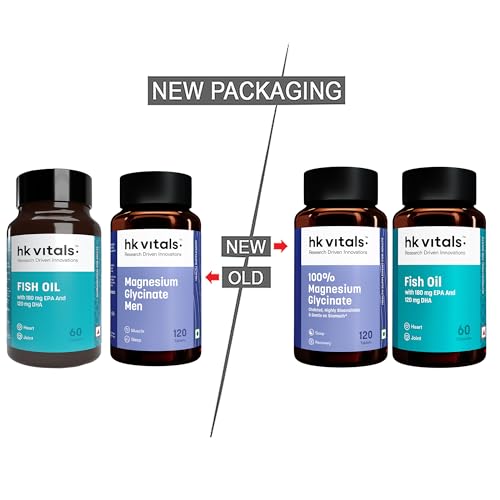 Image of hk vitals 100% Magnesium Glycinate (1880mg) 120 Tablets | For Better Sleep Quality & Muscle Recovery with Fish Oil (60 Capsules)