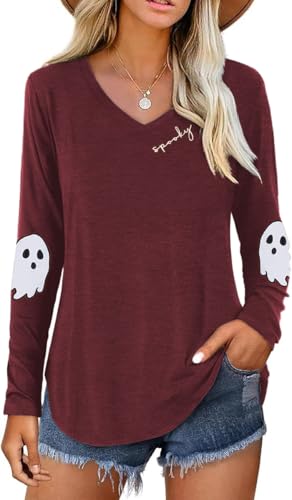 Women's Funny Ghost Graphic Long Sleeve Shirt Halloween Spooky Season Printed V Neck Tee Fall Family Matching Tops(L,Wine Red-Ghost)