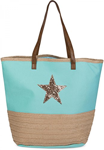 StyleBREAKER Bolso para la Playa con Lentejuelas  Estrella y Rafia  de Hombro  de Tipo