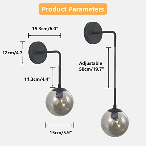 Image of KCO Lighting Black Glass Globe Wall Sconce Set of 2 Farmhouse Industrial Wall Lamp with Adjustable Cord Mid Century Modern Wall Mount Reading Light for Bathroom Mirror Bedside Stairs (Smoke Grey)