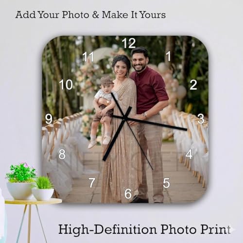 Image of Personalized Square Photo Wall Clock - Custom Photo Clock for Couple, Family, Brother & Sister | Customized Birthday, Anniversary & Raksha Bandhan Gift | Home & Office Wall Decor