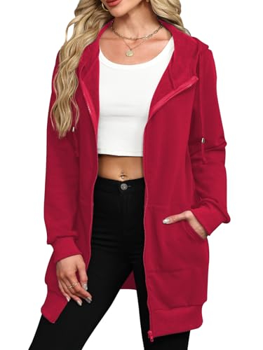 Locryz Women's Casual Pockets Zip Up Hoodies Fleece Tunic Sweatshirt Long Hoodie Jacket Coat, Wine Red, XL