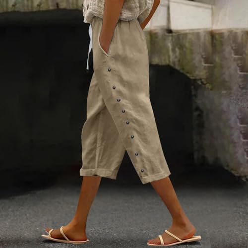 Capri Pants for Women Summer Linen Trouser Casual Drawstring Elastic Waist Straight Lightweight Lounge Capris2