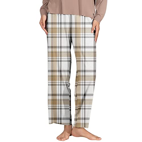 Calça de moletom feminina clássica xadrez com bolsos e calça casual para treino de cintura alta, Caq