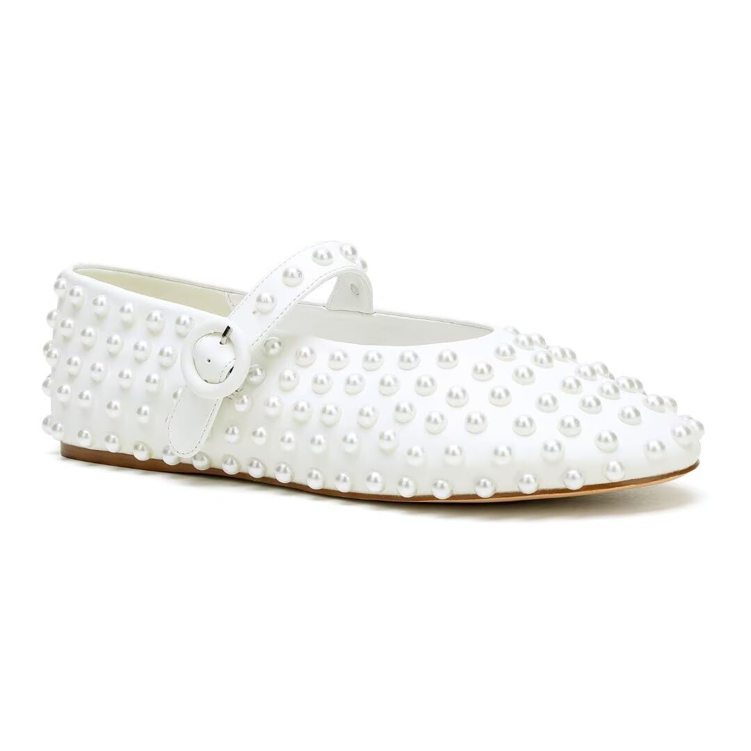 keflevz Pearl-Studded Mary Jane Ballet Flats Buckle Strap Ballerina Shoes Comfortable Dressy Flats