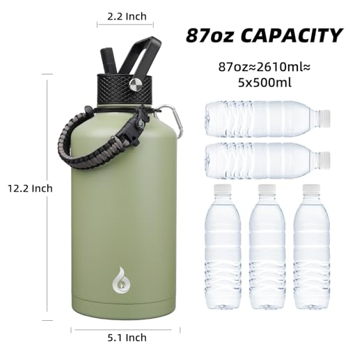 Image of BJPKPK 2 /3 Gallon Water Bottle with Straw Lid, 87oz Large, Stainless Steel Water Bottles with 3 Lids and Paracord Strap, Double Wall Vacuum Metal Water Jug, Camp Green