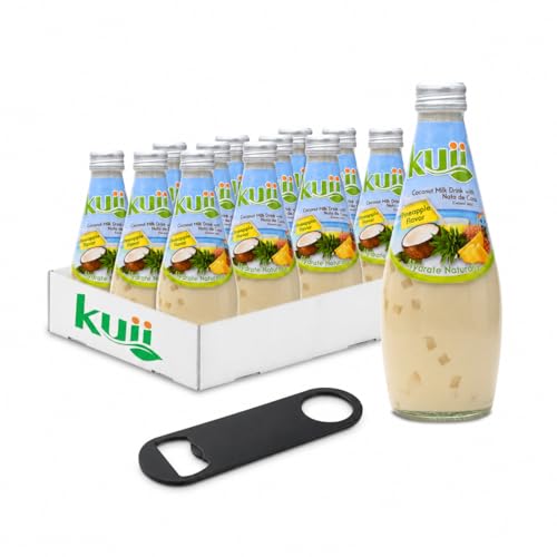 Coconut Milk Drink – Kuii Pineapple Flavor With Nata de Coco Bits - Includes a Bottle Cap Opener – Fun & Fruity Tropical Hydration, 12-Pack Glass Bottles, 9.8 Fl Oz