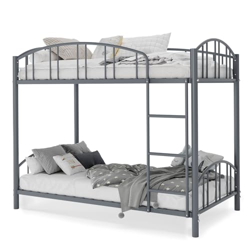 Garvee Bunk Bed Twin Over Twin with Ladder and Arched Guardrail, Heavy Duty Bunkbeds Frame with Sturdy Steel Slats Support for Kids Boys Girls, Space-Saving, No Box Spring Needed, Gray