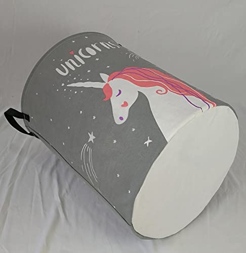 Image of Kids Laundry Hamper Clothes Gift Basket Storage Laundry Baskets Organizer Bin with Handles for Nursery Room (Grey Unicorn)