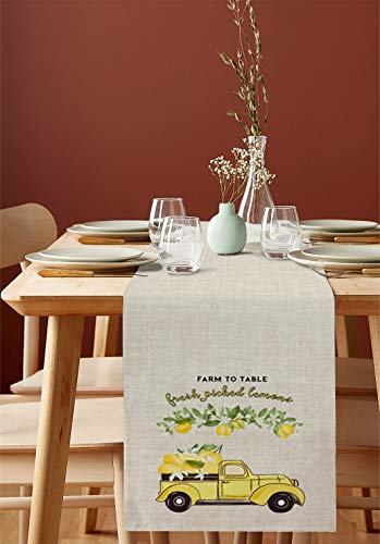 Lemon Truck Table Runners 90 Inches Long Truck With Farm Fresh Lemon Burlap Texture Table Runner For Family Dinner/Wedding/Outdoor Indoor Party, Cotton-Polyester Blend Dresser Scarf Table Decorations #TOP1