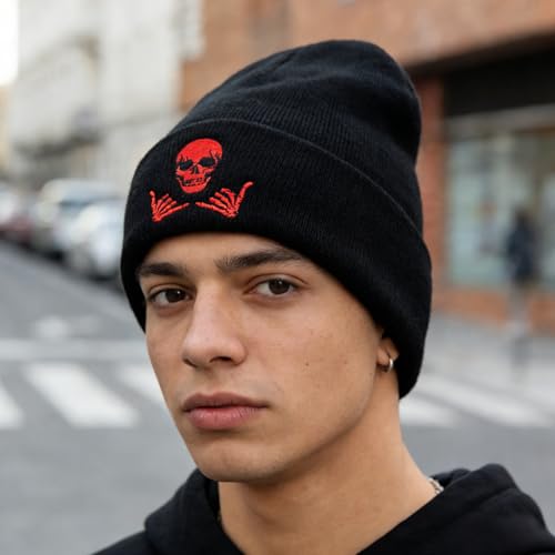 Image of Embroidered Skeleton Beanie Hat Winter Stretch Knit Skull Cap for Men Women