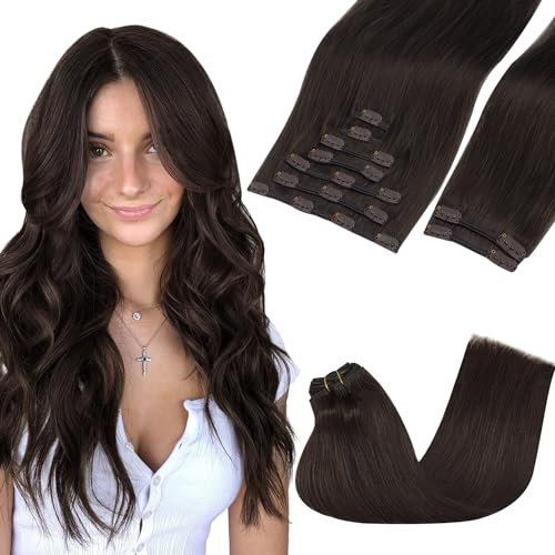 GOO GOO Clip in Hair Extensions Real Human Hair, Remy Human Hair Extensions Clip ins for Women, Natural Human Hair, 18inch 150g 9Pcs, 2A Light Brown
