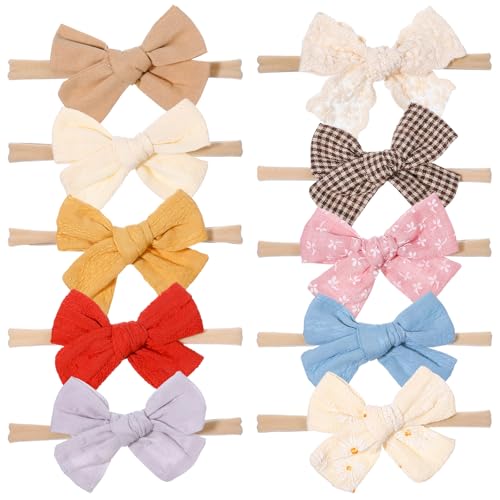 KFHENSOMR 10Pcs Baby Girls Headbands Hair Bows Nylon Headbands Stretchy Hair Bands Elastic Handmade Hairs Accessories for Newborn Kids Infants...