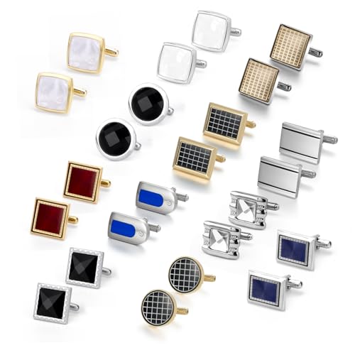 Wynameleri Cufflink 12 Pairs, Classic Fashion Men's Cuff Links Silver-tone Gold-tone Black for Business Wedding Party Gift Box T0212006