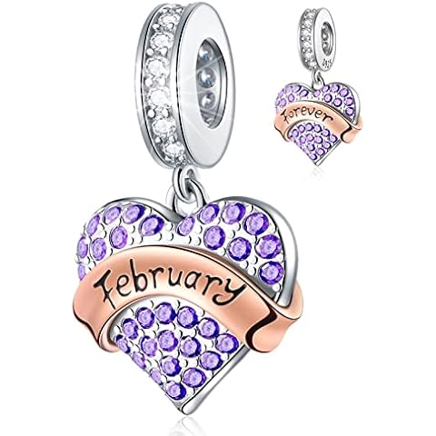 February Birthstone Charm fits Pandora Valentines Bracelet, 925 Sterling Silver Sparkle Pave Heart Amethyst Purple CZ Stone Pendant Bead Cover