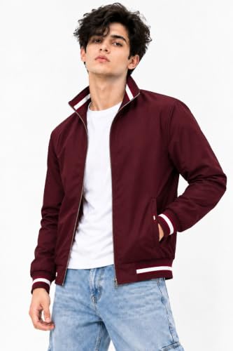 Image of Ben Martin Men's Jacket || Lightweight Casual Jacket with Standing Collar || Full Sleeve Zip-Up Windcheater Jacket with Striped Ribbed Cuffs & Hem