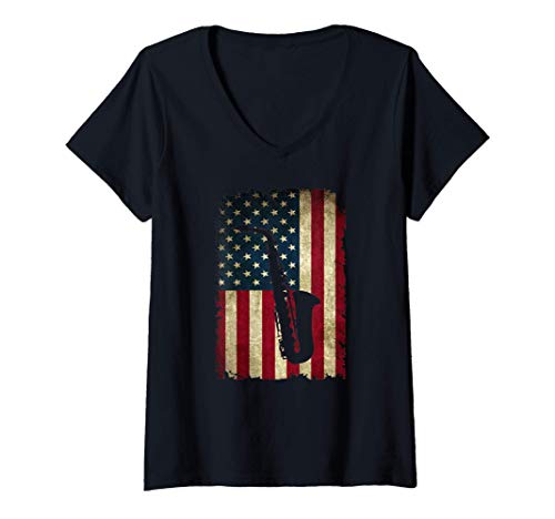Mujer Band Student Saxophone Player USA Flag Musical Instrument Camiseta Cuello V