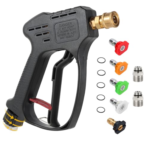 Short Pressure Washer Gun, 5000 PSI Max Swivel High Pressure Washer Extension Wand with 5 nozzles, M22 14MM Swivel Connect & M22 15MM, Car Wash Kit Power Washer Gun for Cars, Driveway, Yard, Fence by BULBOUSROSE - Used condition - US$18.80