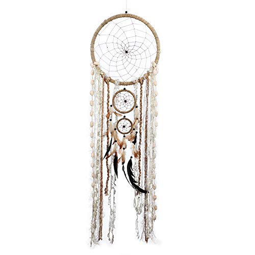 Caught Dreams | Boho Style Dream Catcher | Handmade Bedroom Wall Decoration | Craft Ornament Gift | Bohemian Influenced Natural String with Beads & Feathers | 10.5” Diameter & 36” Long