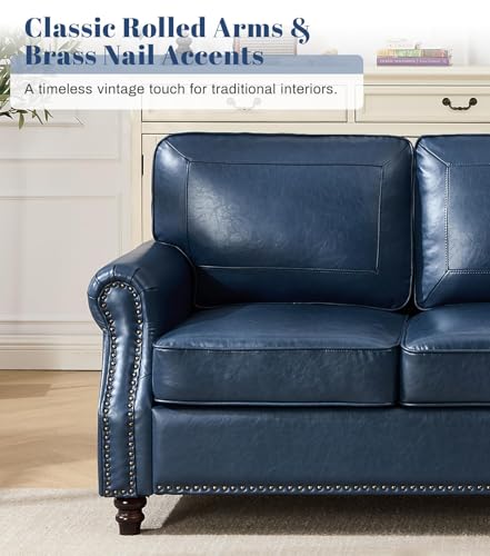 Image of Kingfun Loveseat 2 Seater Couch with Chair, Mid Century Modern Faux Leather Sofa Set with Rolled Arms and Deep Seats, Fluffy Comfort for Living Room, Apartment, Easy Assembly, Blue